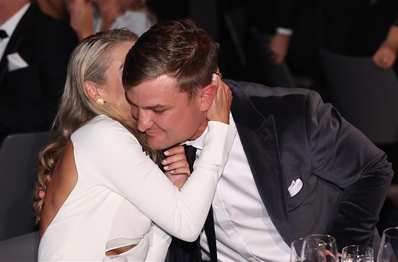 PERTH, AUSTRALIA - SEPTEMBER 19: Ollie Wines of Port Adelaide reacts after winning the 2021 Brownlow Medal, during the 2021 AFL Brownlow Medal at Optus Stadium on September 19, 2021 in Perth, Australia. (Photo by Paul Kane/Getty Images)