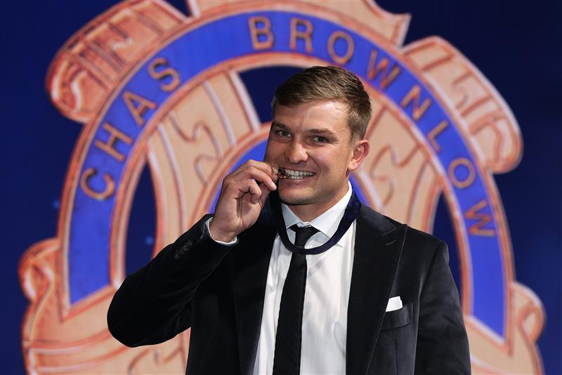 PERTH, AUSTRALIA - SEPTEMBER 19: Ollie Wines of Port Adelaide poses after winning the 2021 Brownlow Medal, during the 2021 AFL Brownlow Medal at Optus Stadium on September 19, 2021 in Perth, Australia. (Photo by Paul Kane/Getty Images)