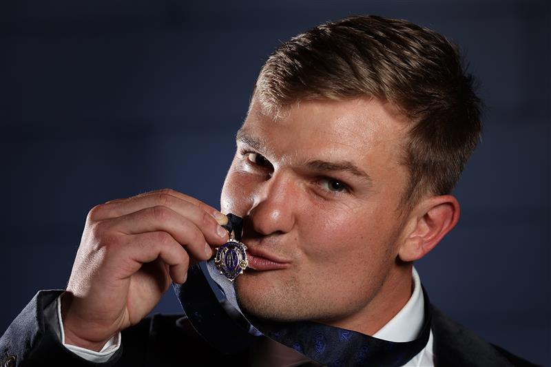 PERTH, AUSTRALIA - SEPTEMBER 19: Brownlow Medallist Ollie Wines of the Power poses for a photograph following the 2021 Brownlow Medal Count at Optus Stadium on September 19, 2021 in Perth, Australia. (Photo by Paul Kane/Getty Images)