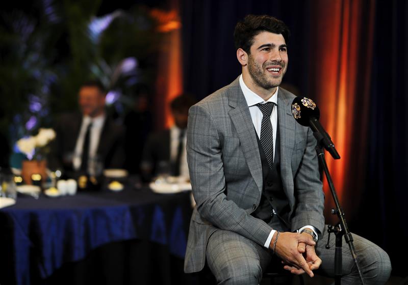 PERTH, AUSTRALIA - SEPTEMBER 19: Christian Petracca of the Demons is interviewed during the 2021 Brownlow Medal Count at Optus Stadium on September 19, 2021 in Perth, Australia. (Photo by Dylan Burns/AFL Photos via Getty Images)