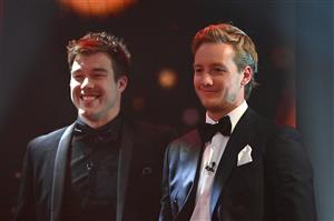 MELBOURNE, AUSTRALIA - SEPTEMBER 19: Zach Merrett and Darcy Parish of the Bombers looks on  during the 2021 Brownlow Medal Count at NEP Studios Southbank on September 19, 2021 in Melbourne, Australia. (Photo by Quinn Rooney/Getty Images )