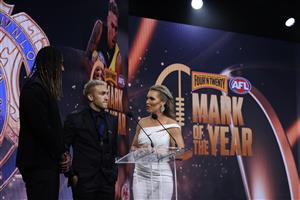 PERTH, AUSTRALIA - SEPTEMBER 19: Shai Bolton (c) of the Tigers is seen on stage after winning the Mark of the year award during the 2021 AFL Brownlow Medal at Optus Stadium on September 19, 2021 in Perth, Australia. (Photo by Paul Kane/Getty Images)