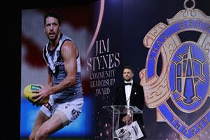 PERTH, AUSTRALIA - SEPTEMBER 19: Travis Boak of Port Adelaide is awarded the Jim Stynes Community Leadership Award, during the 2021 AFL Brownlow Medal at Optus Stadium on September 19, 2021 in Perth, Australia. (Photo by Paul Kane/Getty Images)
