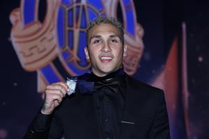 PERTH, AUSTRALIA - SEPTEMBER 19: Shai Bolton of the Tigers poses after winning the Mark of the year award during the 2021 AFL Brownlow Medal at Optus Stadium on September 19, 2021 in Perth, Australia. (Photo by Paul Kane/Getty Images)