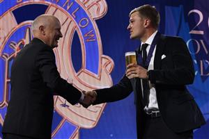 PERTH, AUSTRALIA - SEPTEMBER 19: Ollie Wines of Port Adelaide is seen on stage after winning the 2021 Brownlow Medal, during the 2021 AFL Brownlow Medal at Optus Stadium on September 19, 2021 in Perth, Australia. (Photo by Paul Kane/Getty Images)