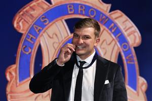 PERTH, AUSTRALIA - SEPTEMBER 19: Ollie Wines of Port Adelaide poses after winning the 2021 Brownlow Medal, during the 2021 AFL Brownlow Medal at Optus Stadium on September 19, 2021 in Perth, Australia. (Photo by Paul Kane/Getty Images)