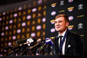 PERTH, AUSTRALIA - SEPTEMBER 19: Ollie Wines takes in the press conference after winning the Brownlow Medal during the 2021 Brownlow Medal Count at Optus Stadium on September 19, 2021 in Perth, Australia. (Photo by Daniel Carson/AFL Photos via Getty Images)