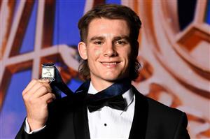 PERTH, AUSTRALIA - SEPTEMBER 19: Caleb Serong with this Goal of the Year Medal during the 2021 Brownlow Medal Count at Optus Stadium on September 19, 2021 in Perth, Australia. (Photo by Daniel Carson/AFL Photos via Getty Images)