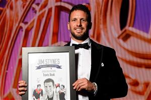 PERTH, AUSTRALIA - SEPTEMBER 19: Travis Boak with his Jim Stynes award during the 2021 Brownlow Medal Count at Optus Stadium on September 19, 2021 in Perth, Australia. (Photo by Daniel Carson/AFL Photos via Getty Images)
