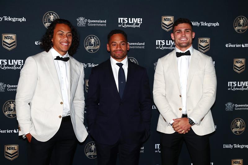 BRISBANE, AUSTRALIA - SEPTEMBER 27: (L-R) Jarome Luai of the Panthers, Apisai Koroisau of the Panthers and Nathan Cleary of the Panthers attend the NRL 2021 Dally M Awards at the Howard Smith Wharves on September 27, 2021 in Brisbane, Australia. (Photo by Chris Hyde/Getty Images)