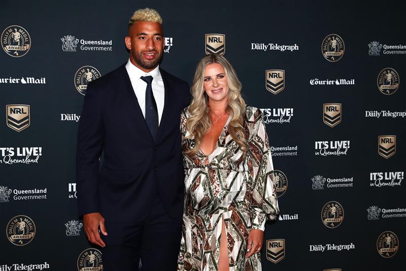 BRISBANE, AUSTRALIA - SEPTEMBER 27: Viliame Kikau of the Panthers and his partner Brittany Carey attend the NRL 2021 Dally M Awards at the Howard Smith Wharves on September 27, 2021 in Brisbane, Australia. (Photo by Chris Hyde/Getty Images)