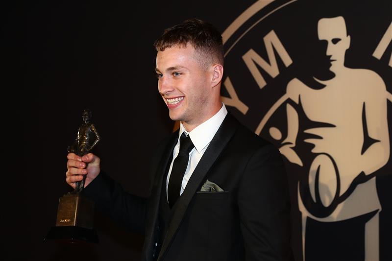 BRISBANE, AUSTRALIA - SEPTEMBER 27: Sam Walker of the Sydney Roosters poses after winning Rookie of the Year during the NRL 2021 Dally M Awards at the Howard Smith Wharves on September 27, 2021 in Brisbane, Australia. (Photo by Chris Hyde/Getty Images)