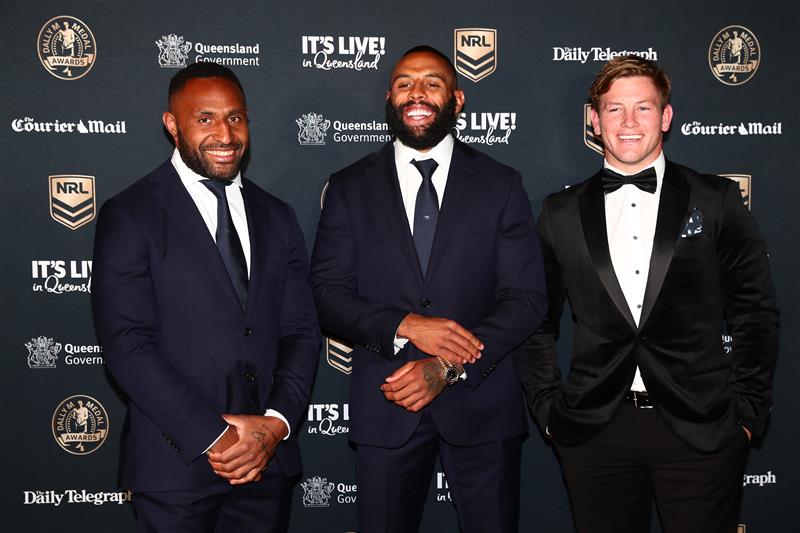 BRISBANE, AUSTRALIA - SEPTEMBER 27: (L-R) Justin Olam of the Storm, Josh Addo-Carr of the Storm and Harry Grant of the Storm attend the NRL 2021 Dally M Awards at the Howard Smith Wharves on September 27, 2021 in Brisbane, Australia. (Photo by Chris Hyde/Getty Images)