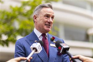 MELBOURNE, AUSTRALIA - NOVEMBER 06: VRC Chairman Neil Wilson speaks to the media during Paramount+ Stakes Day at Flemington Racecourse on November 06, 2021 in Melbourne, Australia. (Photo by Daniel Pockett/Getty Images)