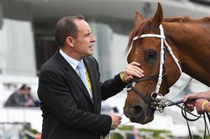 MELBOURNE, AUSTRALIA - NOVEMBER 06: Trainer Chris Waller with #1 Nature Strip after winning race 6, the Darley Sprint Classic during 2021 Paramount+ Stakes Day at Flemington Racecourse on November 06, 2021 in Melbourne, Australia. (Photo by Vince Caligiuri/Getty Images)