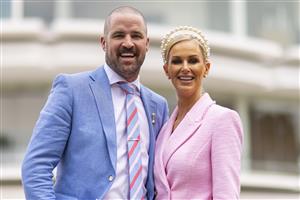 MELBOURNE, AUSTRALIA - NOVEMBER 06: Newlyweds Laurelle McConachy and Taygen Sage pose for a photograph during Paramount+ Stakes Day at Flemington Racecourse on November 06, 2021 in Melbourne, Australia. (Photo by Daniel Pockett/Getty Images)