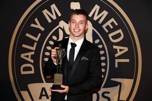 BRISBANE, AUSTRALIA - SEPTEMBER 27: Sam Walker of the Sydney Roosters poses after winning Rookie of the Year during the NRL 2021 Dally M Awards at the Howard Smith Wharves on September 27, 2021 in Brisbane, Australia. (Photo by Chris Hyde/Getty Images)