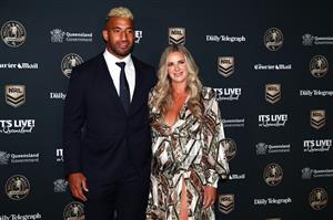 BRISBANE, AUSTRALIA - SEPTEMBER 27: Viliame Kikau of the Panthers and his partner Brittany Carey attend the NRL 2021 Dally M Awards at the Howard Smith Wharves on September 27, 2021 in Brisbane, Australia. (Photo by Chris Hyde/Getty Images)