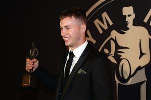 BRISBANE, AUSTRALIA - SEPTEMBER 27: Sam Walker of the Sydney Roosters poses after winning Rookie of the Year during the NRL 2021 Dally M Awards at the Howard Smith Wharves on September 27, 2021 in Brisbane, Australia. (Photo by Chris Hyde/Getty Images)