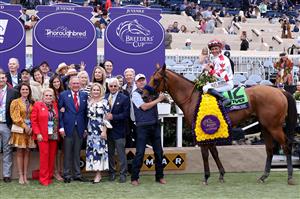 DEL MAR, CALIFORNIA - NOVEMBER 05: Trainer Bob Baffert looks on in the winners circle after his horse Corniche, with jockey Mike Smith up, won the Breeders' Cup Juvenile at Del Mar Race Track on November 05, 2021 in Del Mar, California. (Photo by Rob Carr/Getty Images)