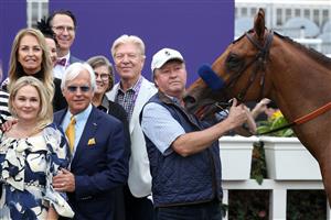 DEL MAR, CALIFORNIA - NOVEMBER 05: Trainer Bob Baffert and his wife Sherry look on in the winners circle after his horse Corniche won the Breeders' Cup Juvenile at Del Mar Race Track on November 05, 2021 in Del Mar, California. (Photo by Rob Carr/Getty Images)