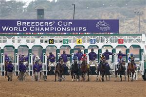 DEL MAR, CALIFORNIA - NOVEMBER 05: The field heads breaks from the gate during the Breeders' Cup Juvenile Fillies at Del Mar Race Track on November 05, 2021 in Del Mar, California. (Photo by Rob Carr/Getty Images)