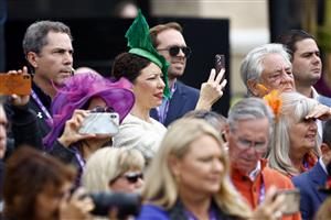 DEL MAR, CALIFORNIA - NOVEMBER 06: Race fans look on from the Paddock area prior to the Breeders' Cup Filly &Mare Sprint at Del Mar Race Track on November 06, 2021 in Del Mar, California. (Photo by Sean M. Haffey/Getty Images)