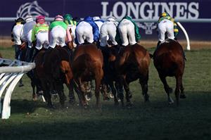DEL MAR, CALIFORNIA - NOVEMBER 06: The field heads into the first turn during the Breeders' Cup Turf at Del Mar Race Track on November 06, 2021 in Del Mar, California. (Photo by Rob Carr/Getty Images)