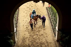 DEL MAR, CALIFORNIA - NOVEMBER 05: Jockey E.T Baird aboard One Timer enters the track before the Breeders' Cup Juvenile Turf Sprint race at Del Mar Race Track on November 05, 2021 in Del Mar, California. (Photo by Sean M. Haffey/Getty Images)