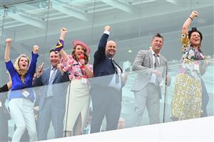 MELBOURNE, AUSTRALIA - NOVEMBER 06: Connections of #1 Nature Strip celebrate winning race 6, the Darley Sprint Classic during 2021 Paramount+ Stakes Day at Flemington Racecourse on November 06, 2021 in Melbourne, Australia. (Photo by Vince Caligiuri/Getty Images)