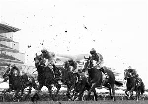 MELBOURNE, AUSTRALIA - NOVEMBER 06: (EDITORS NOTE: Image has been converted to black and white.) A general view during race 4, The Amanda Elliott Handicap during 2021 Paramount + Stakes Day at Flemington Racecourse on November 06, 2021 in Melbourne, Australia. (Photo by Robert Cianflone/Getty Images)