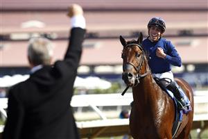 DEL MAR, CALIFORNIA - NOVEMBER 06: Jockey Irad Ortiz Jr. reacts after winning the Breeders' Cup Turf Sprint race aboard Golden Pal at Del Mar Race Track on November 06, 2021 in Del Mar, California. (Photo by Sean M. Haffey/Getty Images)