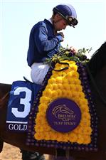 DEL MAR, CALIFORNIA - NOVEMBER 06: Jockey Irad Ortiz Jr. rides Golden Pal to win the Breeders' Cup Turf Sprint race at Del Mar Race Track on November 06, 2021 in Del Mar, California. (Photo by Sean M. Haffey/Getty Images)