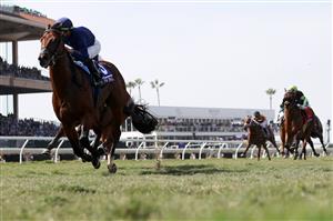 DEL MAR, CALIFORNIA - NOVEMBER 06: Jockey Irad Ortiz, Jr. rides Golden Pal to victory in the Breeders' Cup Turf Sprint at Del Mar Race Track on November 06, 2021 in Del Mar, California. (Photo by Rob Carr/Getty Images)