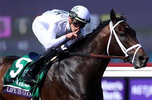 DEL MAR, CALIFORNIA - NOVEMBER 06: Jockey Irad Ortiz Jr. celebrates while riding Life Is Good to victory during the Breeders' Cup Dirt Mile at Del Mar Race Track on November 06, 2021 in Del Mar, California. (Photo by Rob Carr/Getty Images)