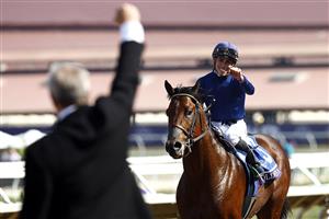 DEL MAR, CALIFORNIA - NOVEMBER 06: Jockey Irad Ortiz Jr. reacts after winning the Breeders' Cup Turf Sprint race aboard Golden Pal at Del Mar Race Track on November 06, 2021 in Del Mar, California. (Photo by Sean M. Haffey/Getty Images)