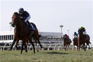 DEL MAR, CALIFORNIA - NOVEMBER 06: Jockey Irad Ortiz, Jr. rides Golden Pal to victory in the Breeders' Cup Turf Sprint at Del Mar Race Track on November 06, 2021 in Del Mar, California. (Photo by Rob Carr/Getty Images)