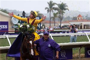 DEL MAR, CALIFORNIA - NOVEMBER 05: Jockey Irad Ortiz, Jr. celebrates after riding Twilight Gleaming to win the Breeders' Cup Juvenile Turf Sprint at Del Mar Race Track on November 05, 2021 in Del Mar, California. (Photo by Rob Carr/Getty Images)