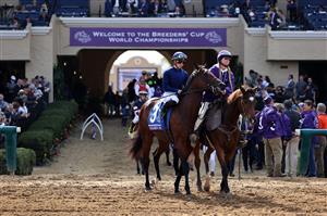 DEL MAR, CALIFORNIA - NOVEMBER 06: Jockey Irad Ortiz Jr. enters the track for the Breeders' Cup Turf Sprint race aboard Golden Pal at Del Mar Race Track on November 06, 2021 in Del Mar, California. (Photo by Sean M. Haffey/Getty Images)
