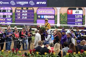 DEL MAR, CALIFORNIA - NOVEMBER 05: Jockey Irad Ortiz Jr. reacts aboard Twilight Gleaming after winning the Breeders' Cup Juvenile Turf Sprint race at Del Mar Race Track on November 05, 2021 in Del Mar, California. (Photo by Sean M. Haffey/Getty Images)