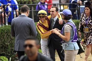 DEL MAR, CALIFORNIA - NOVEMBER 05: Jockey Irad Ortiz Jr. reacts after winning the Breeders' Cup Juvenile Turf Sprint race aboard Twilight Gleaming at Del Mar Race Track on November 05, 2021 in Del Mar, California. (Photo by Sean M. Haffey/Getty Images)