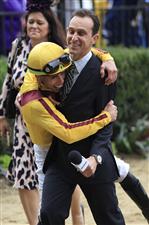 DEL MAR, CALIFORNIA - NOVEMBER 05: Jockey Irad Ortiz Jr. reacts after winning the Breeders' Cup Juvenile Turf Sprint race aboard Twilight Gleaming at Del Mar Race Track on November 05, 2021 in Del Mar, California. (Photo by Sean M. Haffey/Getty Images)