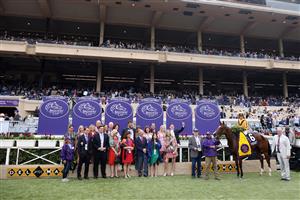 DEL MAR, CALIFORNIA - NOVEMBER 05: Jockey Irad Ortiz, Jr. sits atop Twilight Gleaming in the winners circle after winning the Breeders' Cup Juvenile Turf Sprint at Del Mar Race Track on November 05, 2021 in Del Mar, California. (Photo by Rob Carr/Getty Images)