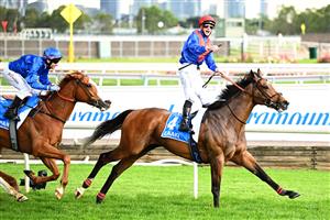 MELBOURNE, AUSTRALIA - NOVEMBER 06: James McDonald riding #4 Zaaki wins race 8, Paramount+ Mackinnon Stakes during 2021 Paramount+ Stakes Day at Flemington Racecourse on November 06, 2021 in Melbourne, Australia. (Photo by Quinn Rooney/Getty Images)