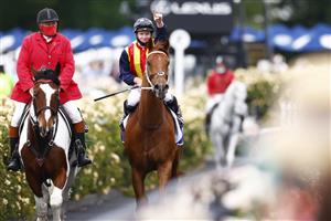 MELBOURNE, AUSTRALIA - NOVEMBER 06: James McDonald riding Nature Strip celebrates winning race 6, the Darley Sprint Classic, during 2021 Paramount+ Stakes Day at Flemington Racecourse on November 06, 2021 in Melbourne, Australia. (Photo by Daniel Pockett/Getty Images)