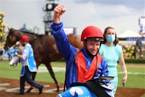 MELBOURNE, AUSTRALIA - NOVEMBER 06: James McDonald riding #4 Zaaki celebrates after winning race 8, Paramount+ Mackinnon Stakes during 2021 Paramount + Stakes Day at Flemington Racecourse on November 06, 2021 in Melbourne, Australia. (Photo by Robert Cianflone/Getty Images)