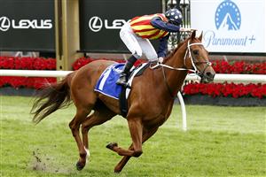 MELBOURNE, AUSTRALIA - NOVEMBER 06: James McDonald riding #1 Nature Strip wins race 6, the Darley Sprint Classic during 2021 Paramount+ Stakes Day at Flemington Racecourse on November 06, 2021 in Melbourne, Australia. (Photo by Darrian Traynor/Getty Images)