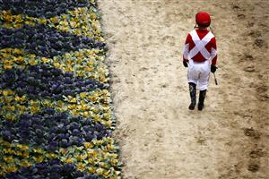 DEL MAR, CALIFORNIA - NOVEMBER 05: Jockey Javier Castellano enters the paddock area before the start of the the Breeders' Cup Juvenile Fillies race at Del Mar Race Track on November 05, 2021 in Del Mar, California. (Photo by Sean M. Haffey/Getty Images)