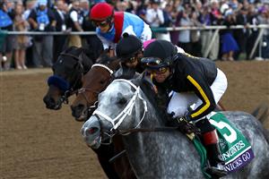 DEL MAR, CALIFORNIA - NOVEMBER 06: Jockey Joel Rosario rides Knicks Go to win the Breeders' Cup Classic at Del Mar Race Track on November 06, 2021 in Del Mar, California. (Photo by Sean M. Haffey/Getty Images)