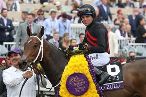 DEL MAR, CALIFORNIA - NOVEMBER 05: Jockey Joel Rosario aboard Echo Zulu celebrates in the winners circle after winning the Breeders' Cup Juvenile Fillies at Del Mar Race Track on November 05, 2021 in Del Mar, California. (Photo by Rob Carr/Getty Images)